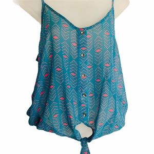 Sheer Button Knot Tank Top Aqua Blue & Pink Design
